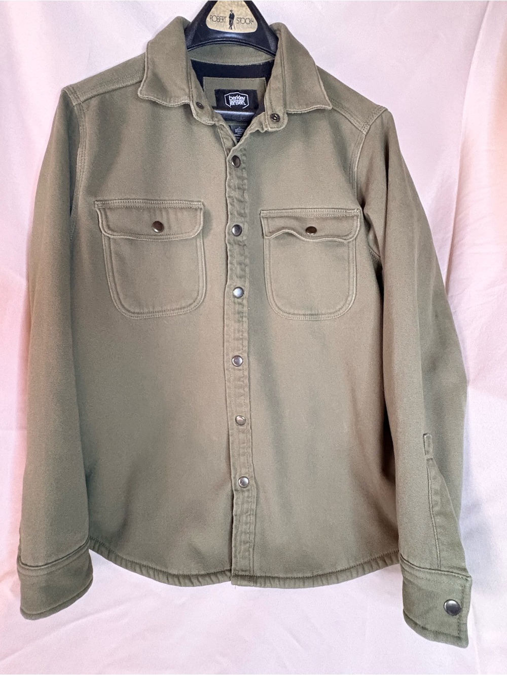 Berkley Jensen Mens Fleece Lined Canvas Shirt Jacket Snap Front Olive Green